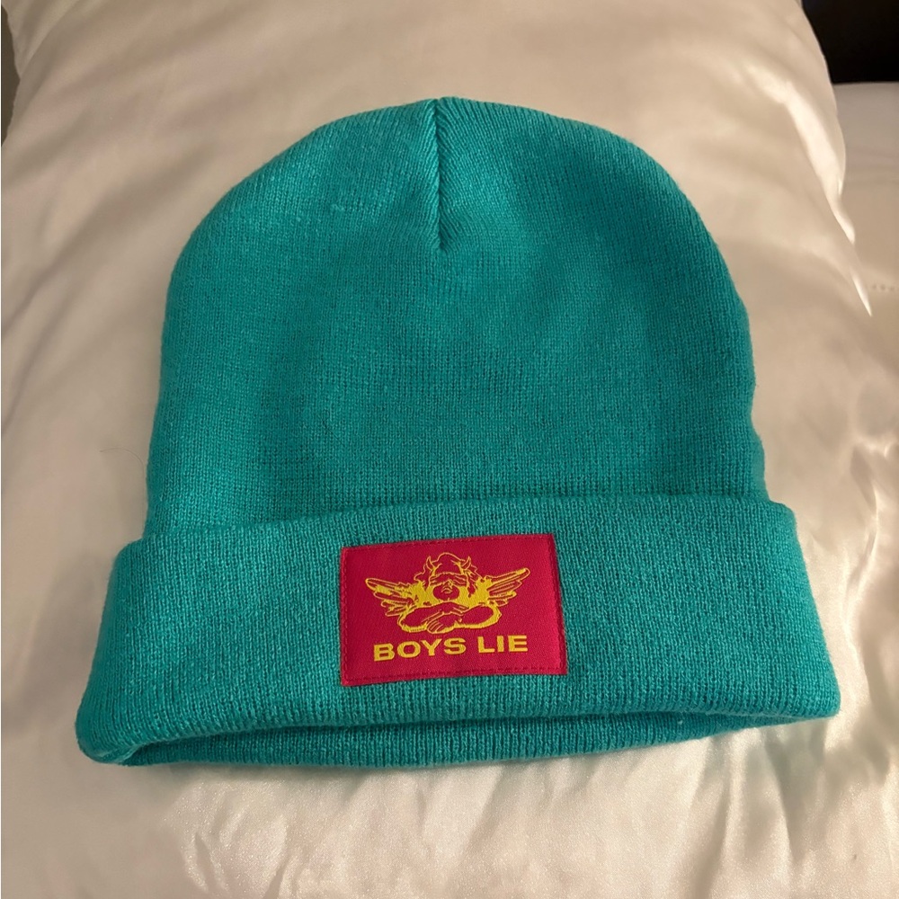 BOYS LIE Cherub Logo Patch Cuffed Beanie Knit Hat Pink + Green NWOT.